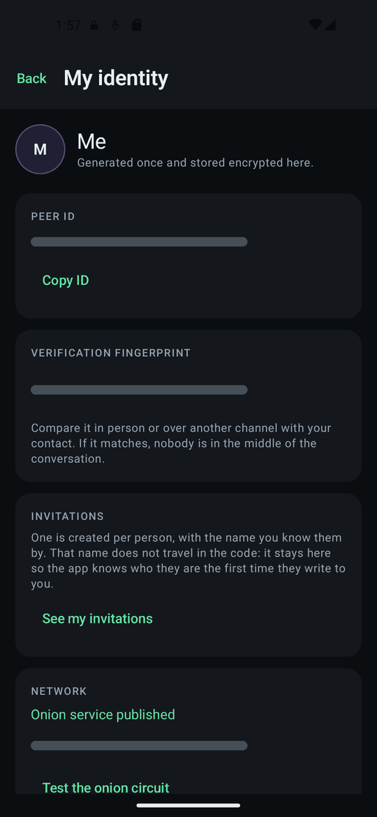 My identity screen. The peer ID, fingerprint and onion address are covered up in this screenshot.