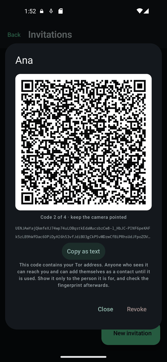 An invitation shown as a rotating four-part QR code.