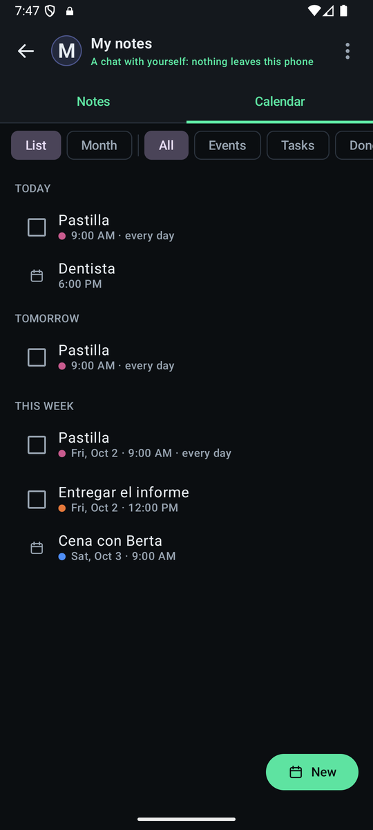 The Calendar tab of My notes: overdue, today, tomorrow and this week, with their checkboxes.