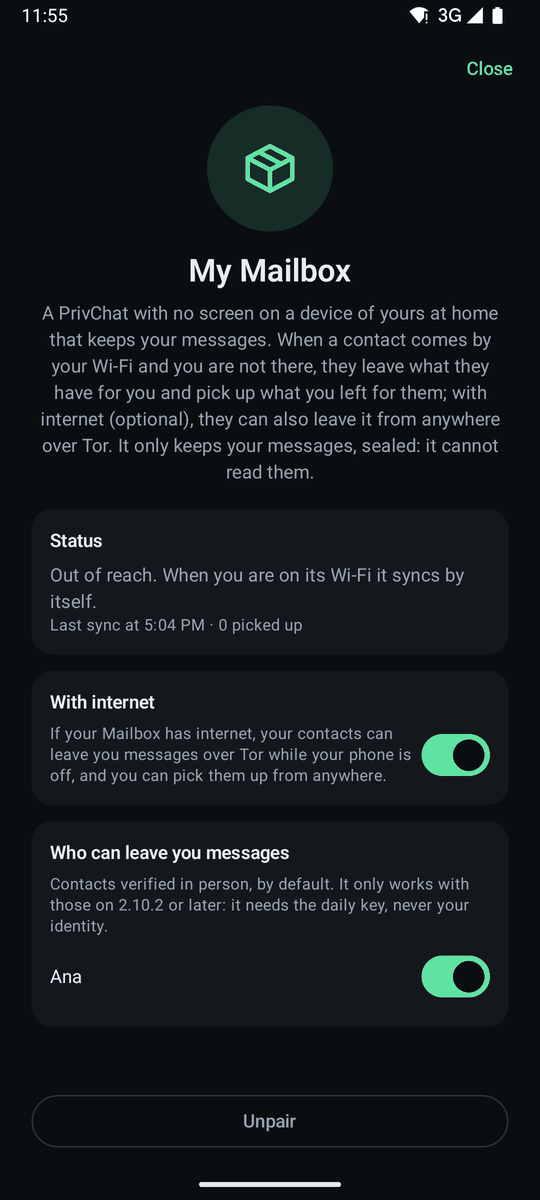 My Mailbox: its status, the With internet switch and who can leave you messages.
