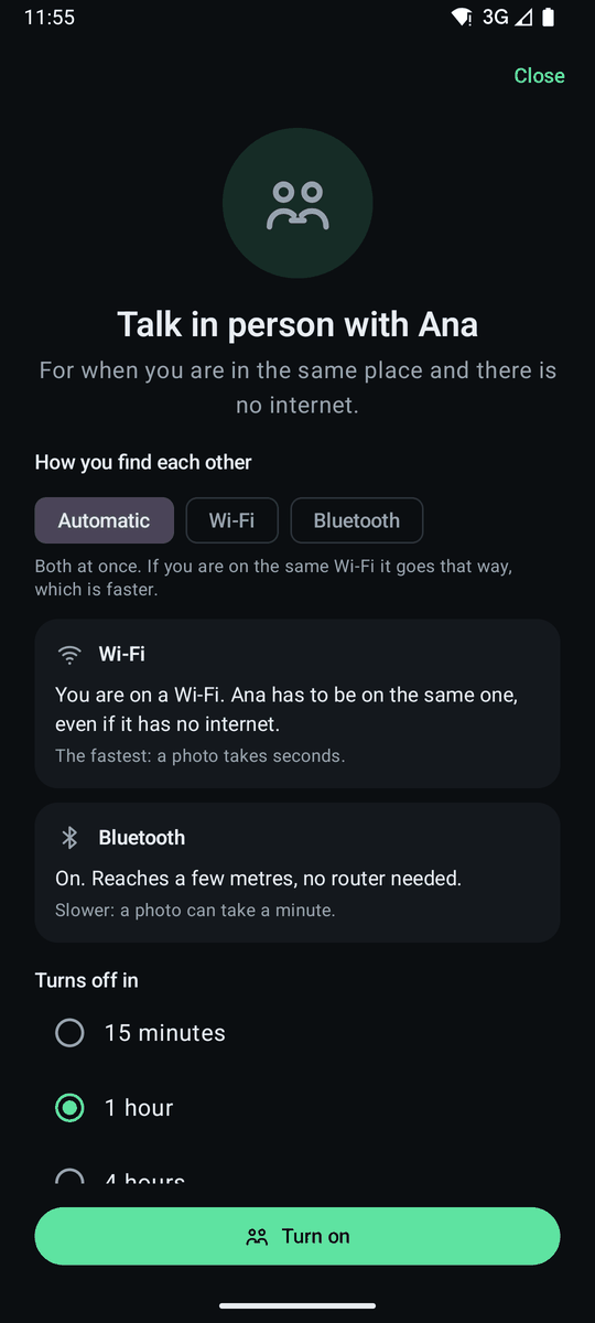 The Talk in person screen: how you find each other (automatic, Wi-Fi or Bluetooth) and when it turns off.