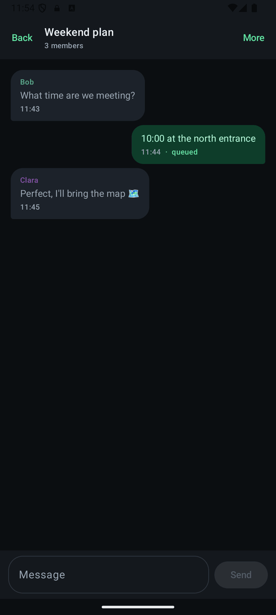 A small group chat with three members.