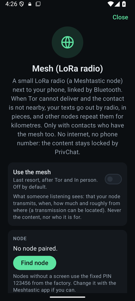 The “Mesh” screen: what it is, the “Use the mesh” switch and the node card with “Find node”.