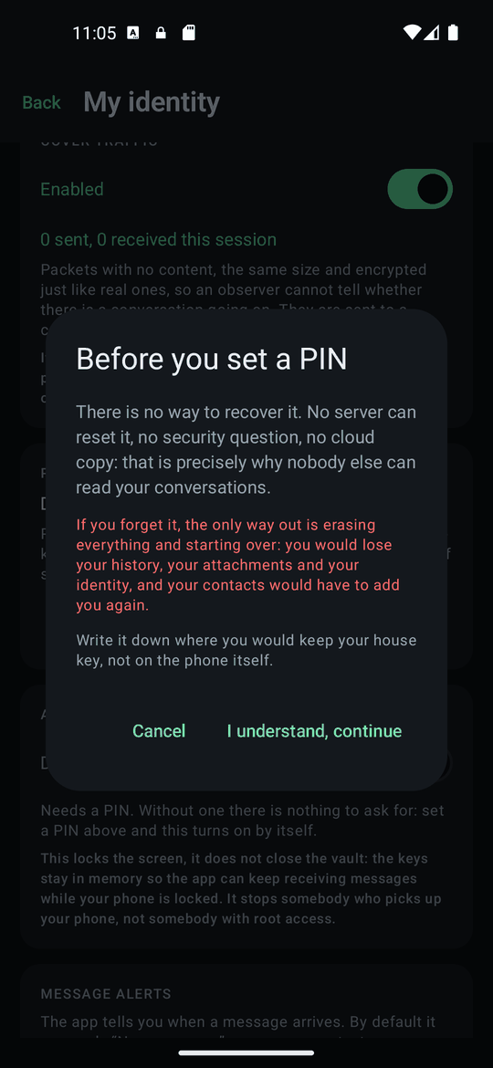 The warning shown before setting a PIN: there is no recovery.