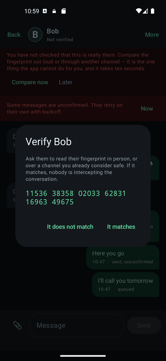 The verify screen, showing the contact's fingerprint and match buttons.