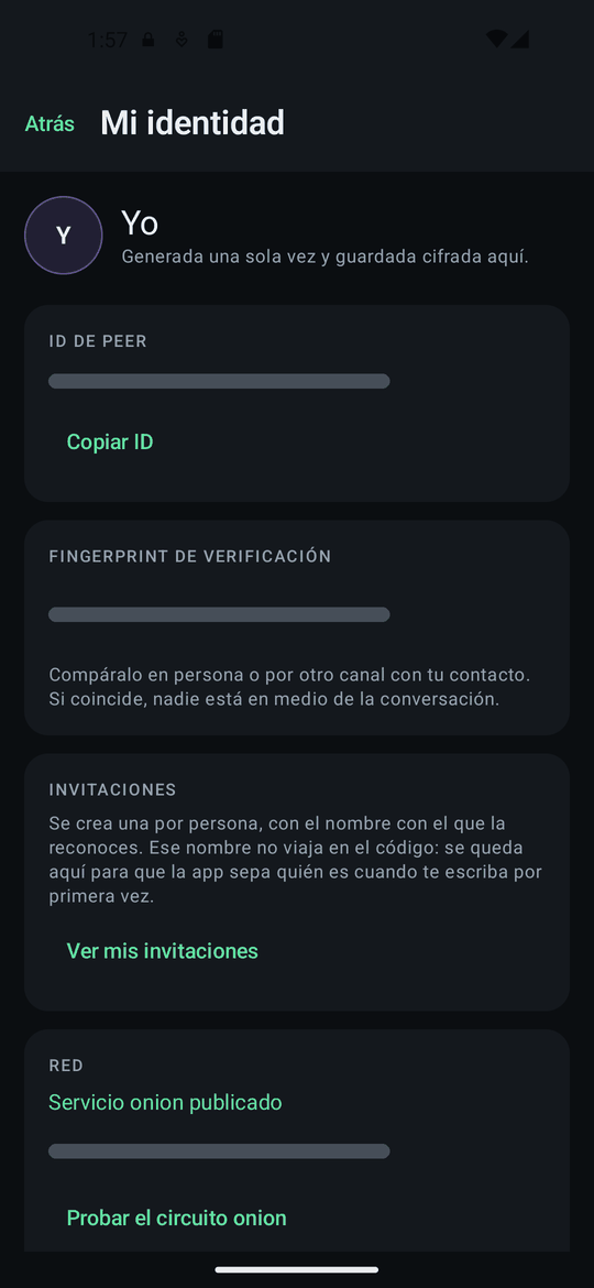 Pantalla de Mi identidad. En esta captura el ID, la huella y la dirección onion están tapados.
