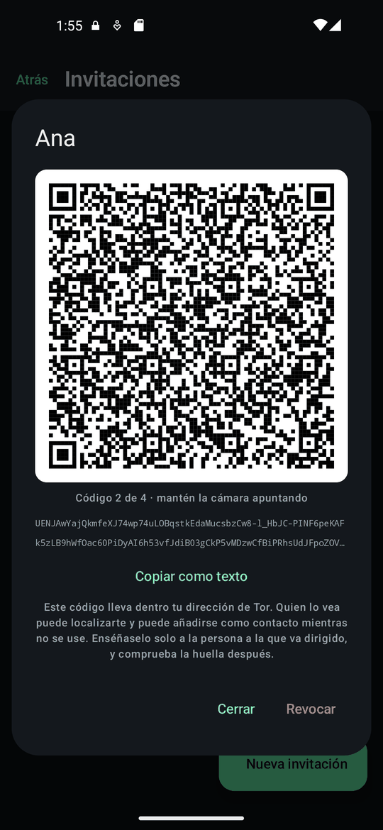 Una invitación mostrada como un código QR de cuatro partes que van rotando.