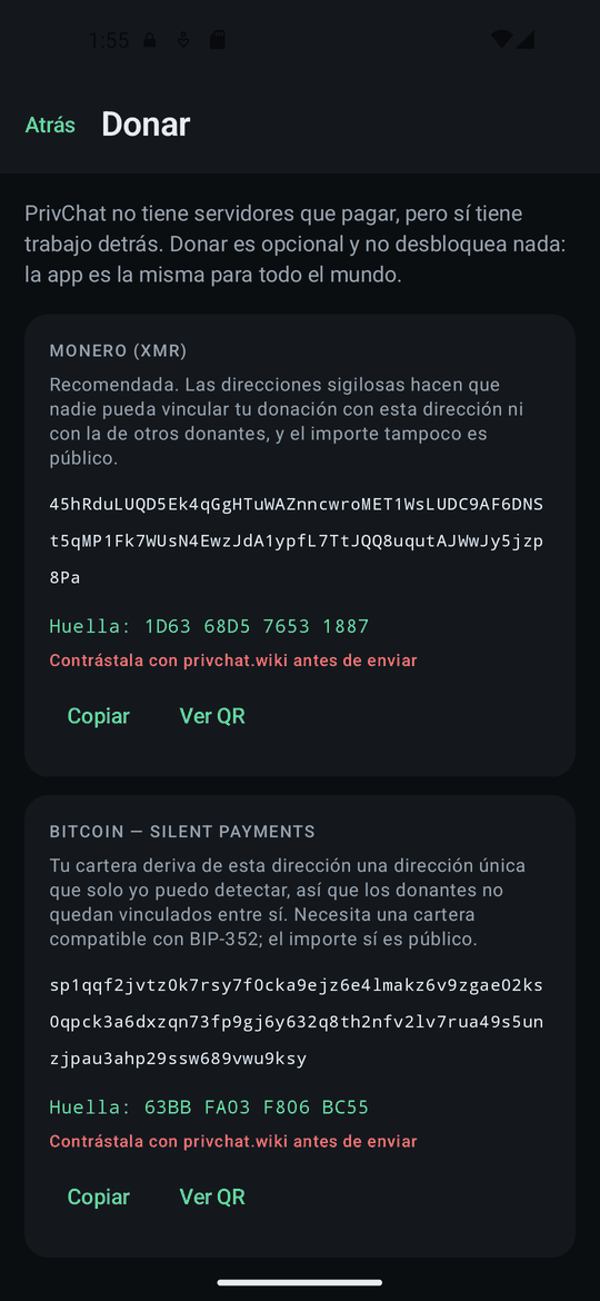 Pantalla de donaciones con una dirección y su huella.
