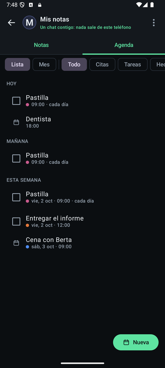 La pestaña Agenda de Mis notas: lo atrasado, lo de hoy, lo de mañana y lo de la semana, con sus casillas.