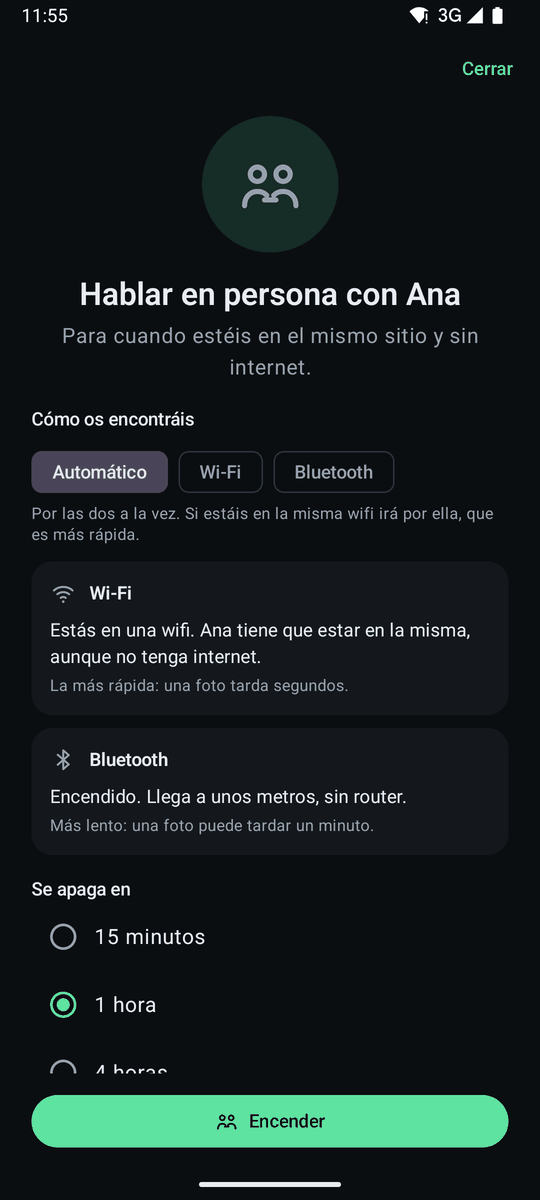 La pantalla de «Hablar en persona»: cómo os encontráis (automático, wifi o Bluetooth) y cuándo se apaga.