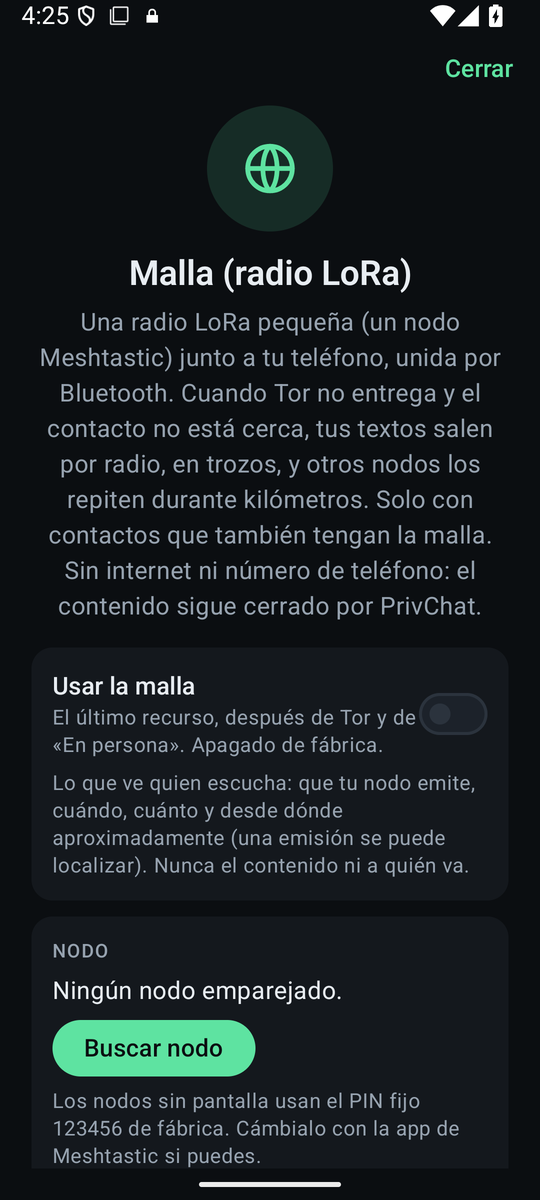La pantalla «Malla»: qué es, el interruptor «Usar la malla» y la tarjeta del nodo con «Buscar nodo».