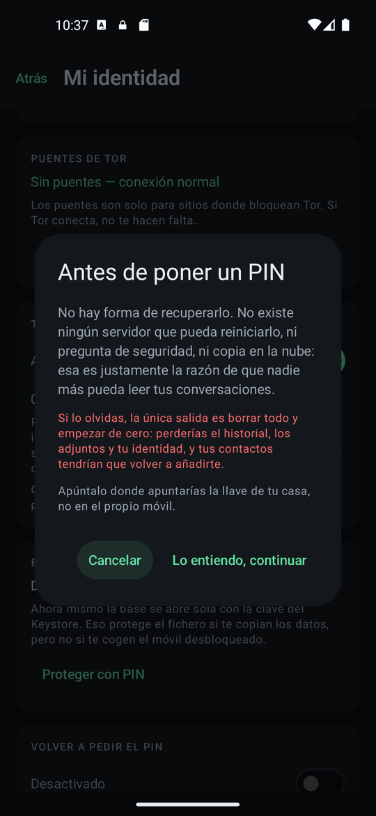 El aviso antes de poner un PIN: no hay recuperación.