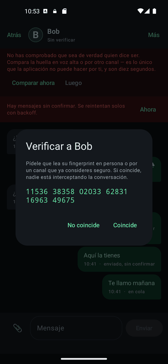La pantalla de verificar, con la huella del contacto y los botones de comparación.
