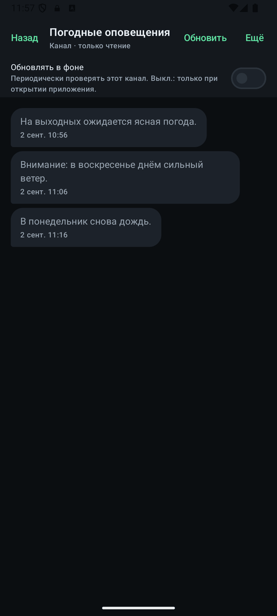 Канал по подписке: только чтение, с переключателем фонового обновления.