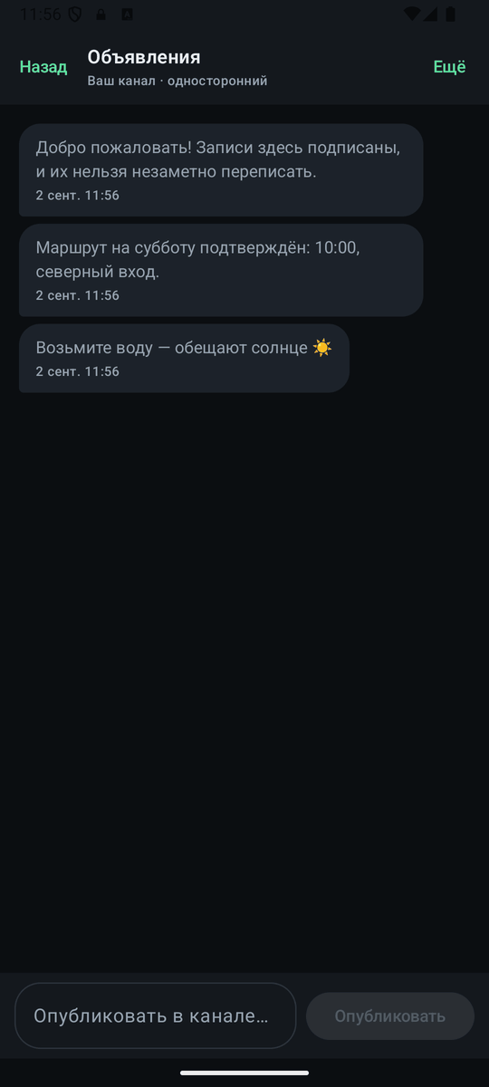 Ваш собственный канал: подписанные записи и поле ввода.