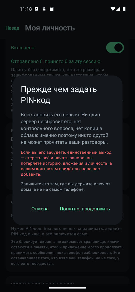 Предупреждение перед установкой PIN-кода: восстановления нет.