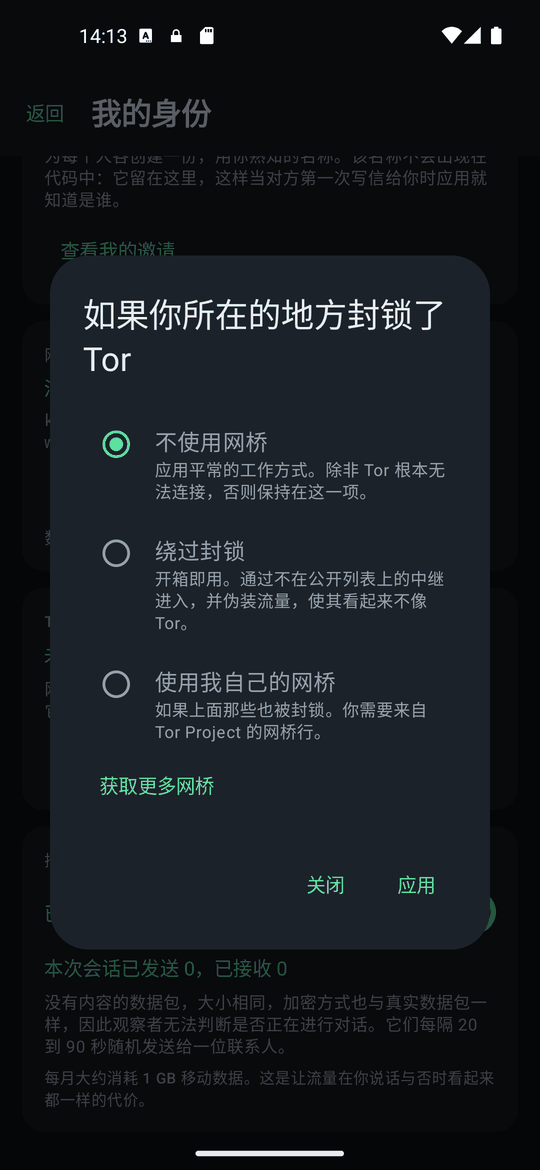 网桥对话框:不使用网桥、绕过封锁、使用我自己的网桥。
